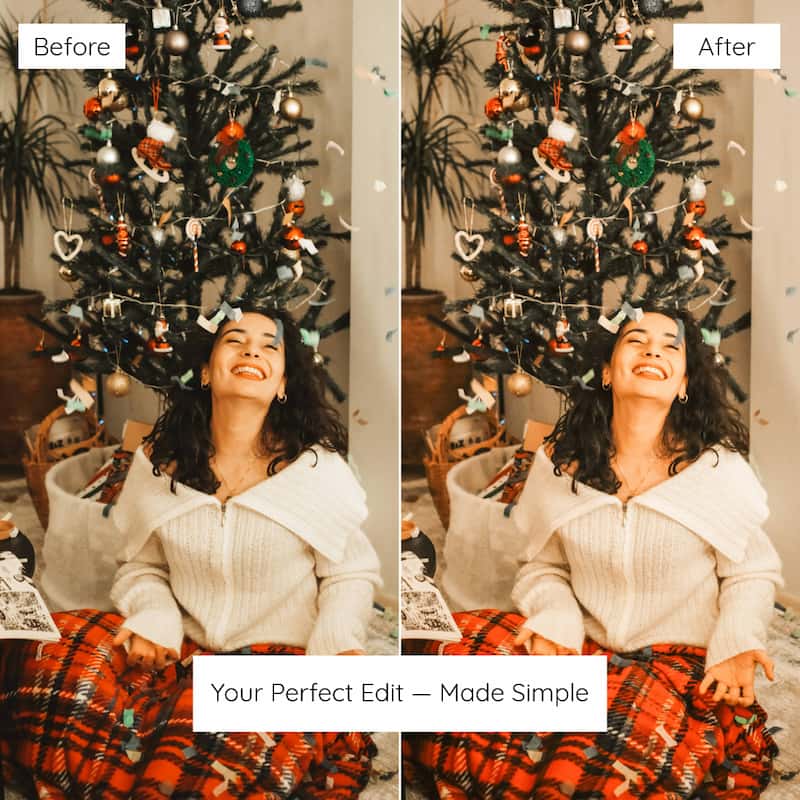 Before and after comparison of a woman under a decorated Christmas tree enhanced with Classic Christmas Lightroom presets