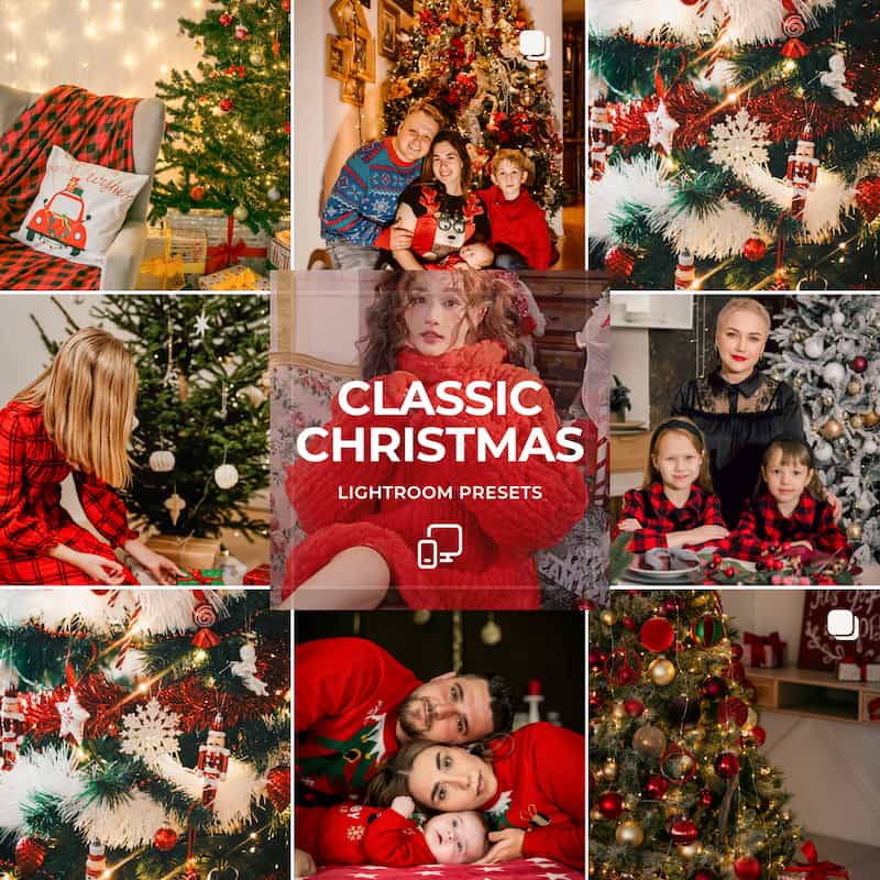 Classic Christmas Lightroom presets for balanced reds and greens, soft warmth and timeless holiday edits by Play Presets