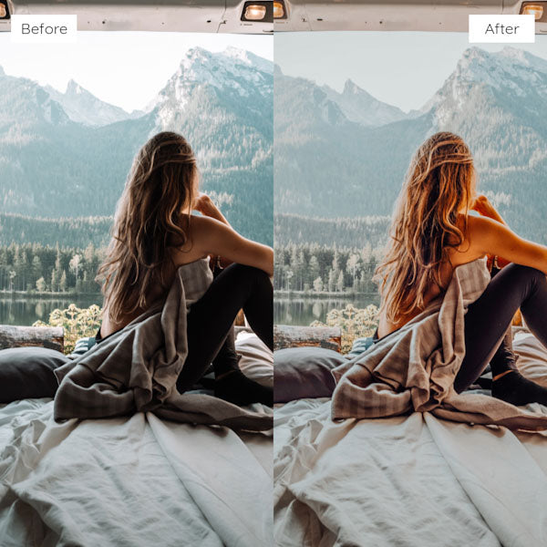 Before and after using Lightroom Presets for enhancing natural light and shadows in photos.