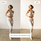 Before and after comparison of a woman in a white outfit Enhanced With Clean Lightroom Preset