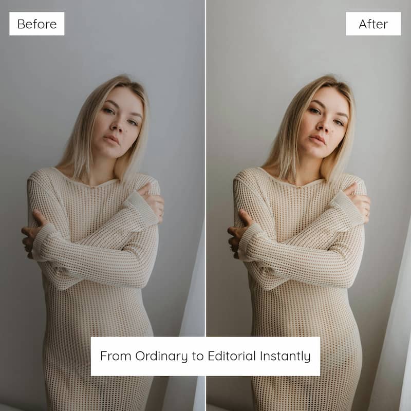 Before and after comparison of a woman wearing a beige sweater against a plain background, Enhanced With Clean Lightroom Presets