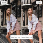 Before and after photo editing comparison of a person posing outdoors, Edited With Clean Girl Lightroom Presets