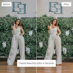 Before and after comparison of a woman in a white outfit against a green foliage background Edited With Clean Girl Lightroom Presets