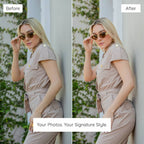 Before and after comparison of a woman wearing sunglasses against a white wall with greenery, Enhanced With Clean Girl Lightroom Preset