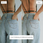 Before and after comparison of a person wearing a black strappy top with blue jeans, Enhanced With Clean Girl Lightroom Presets