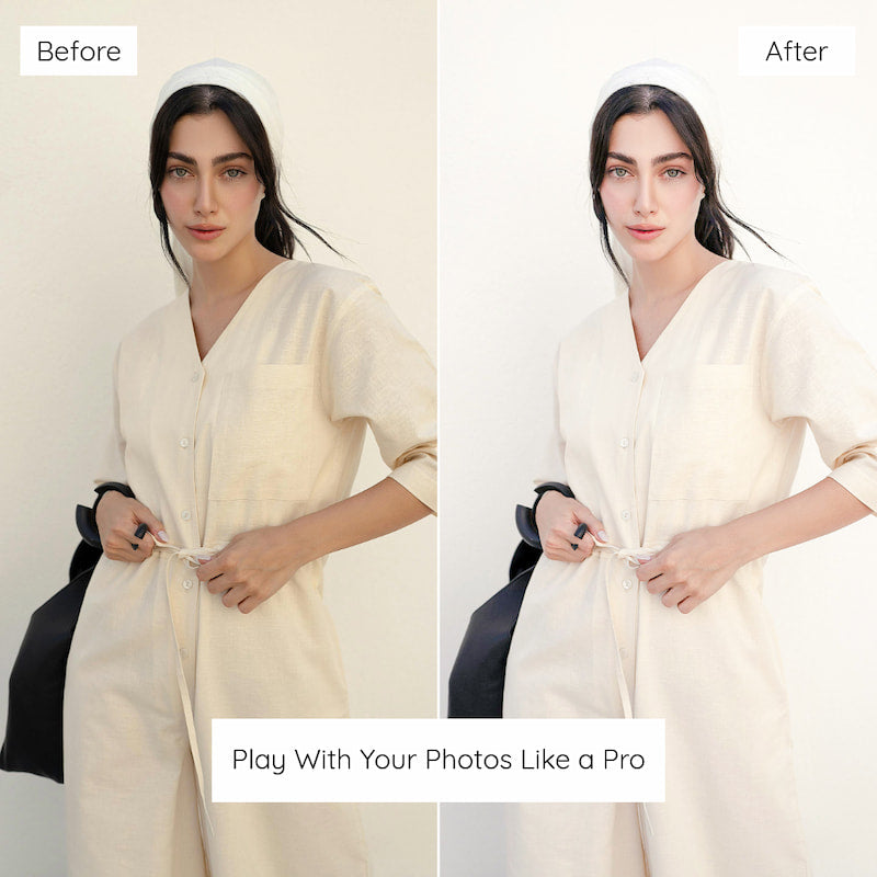 Before and after comparison of a person wearing a white outfit with a plain background  Edited with Clean White Lightroom Presets.
