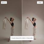 Before and after comparison of a woman holding a scarf against a plain background  Edited with Clean White Lightroom Presets.