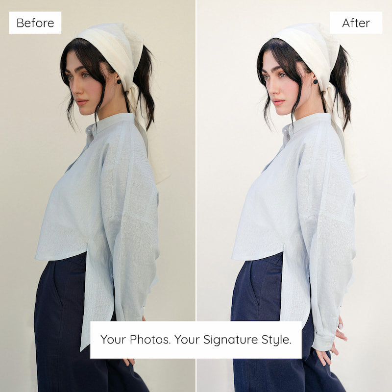 Before and after comparison of a woman wearing a white headscarf and light blue shirt against a plain background  Edited with Clean White Presets.