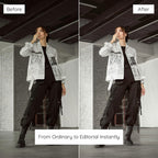 Before and after comparison of a person wearing a newspaper jacket in an indoor setting  Edited with Clean White Lightroom Presets.