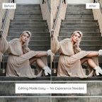 Before and after comparison of a woman sitting on stairs Edited with Creamy Lightroom Preset