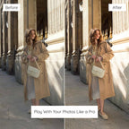 Before and after comparison of a woman in a beige coat standing in front of classical architecture Edited with Creamy Lightroom Preset