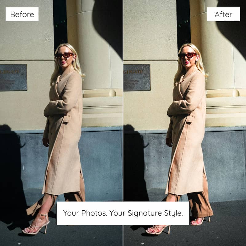 Before and after comparison of a woman in a coat standing against a building Edited with Creamy Lightroom Preset