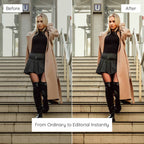 Before and after comparison of a woman in a coat and skirt at a station Edited with Creamy Lightroom Preset