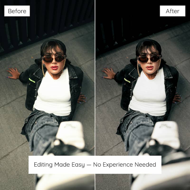 Before and after comparison of a person sitting on a bench Edited With Dark Aesthetic Lightroom Preset