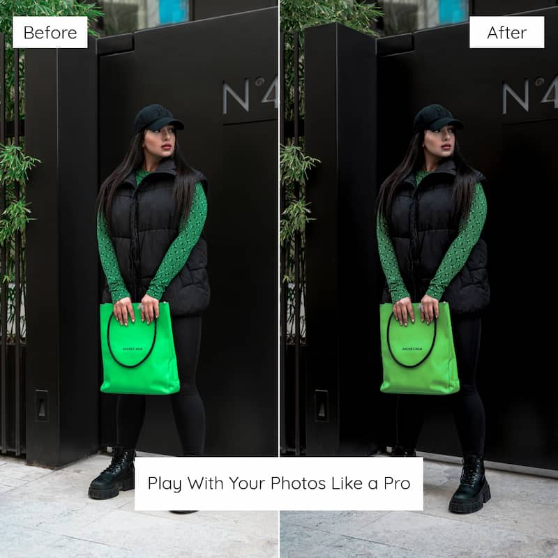 Before and after comparison of a person holding a green bag in front of a black background with branding, Edited With Dark Aesthetic Lightroom Presets