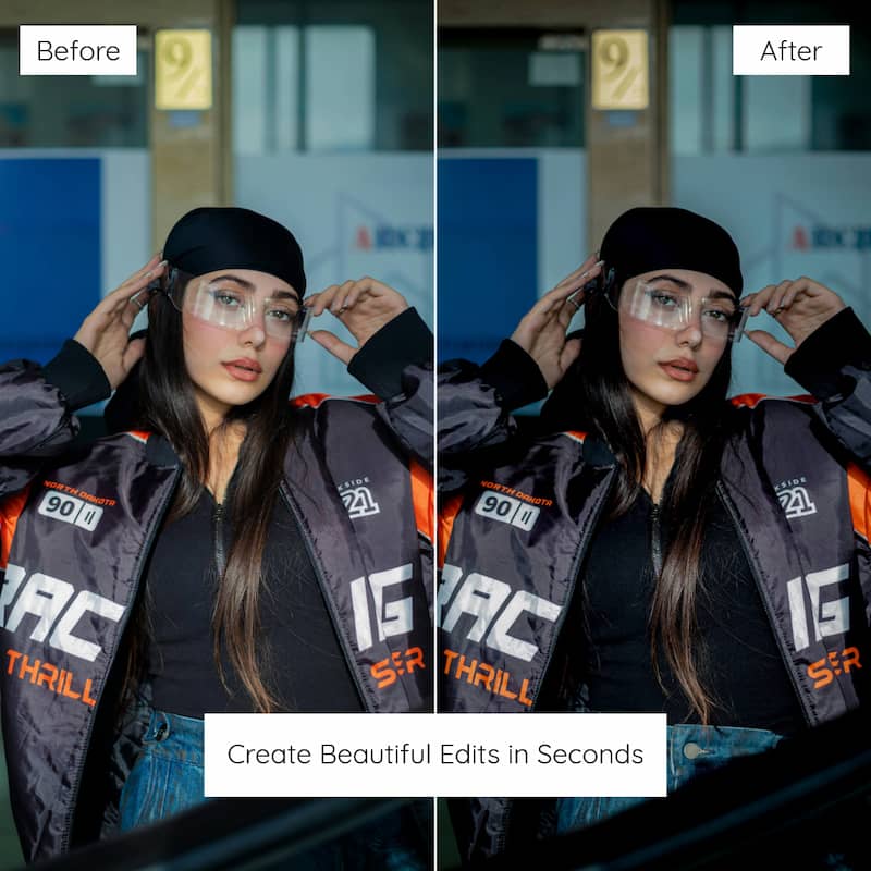 Before and after comparison of a person wearing safety goggles Edited With Dark Aesthetic Lightroom Presets