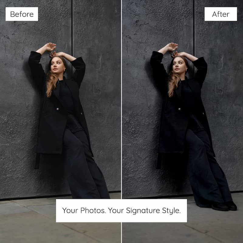 Before and after comparison of a person posing against a dark wall, Enhanced With Dark Aesthetic Lightroom Preset