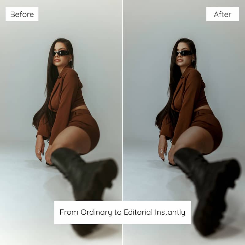 Before and after comparison of a woman in a brown outfit and black boots on a plain background, Enhanced With Dark Aesthetic Lightroom Presets