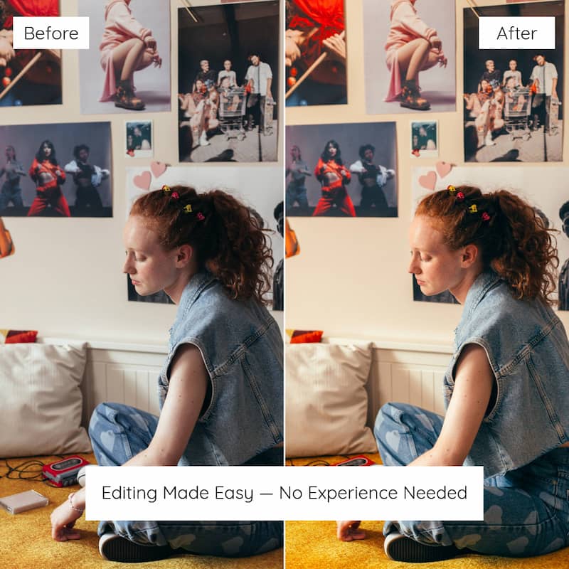 Before and after comparison of a girl sitting on the floor with a wall of photos behind her edited with Disposable Preset Collection.