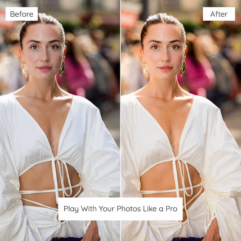 Before and after comparison of a woman in a white dress edited with Disposable Preset Collection.