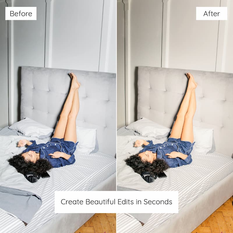 Before and after comparison of a person lying on a bed edited with Disposable Preset Collection.