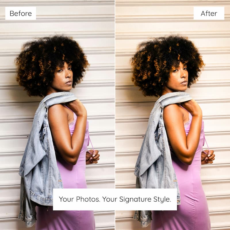 Before and after comparison of a woman with an afro against a white wall edited with Disposable Preset Collection.