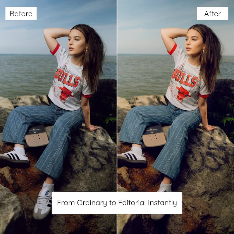 Before and after comparison of a person sitting on rocks by the water edited with Disposable Preset Collection.