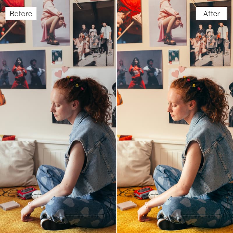 Before and after comparison of a person sitting on the floor edited with Disposable Video LUTs.