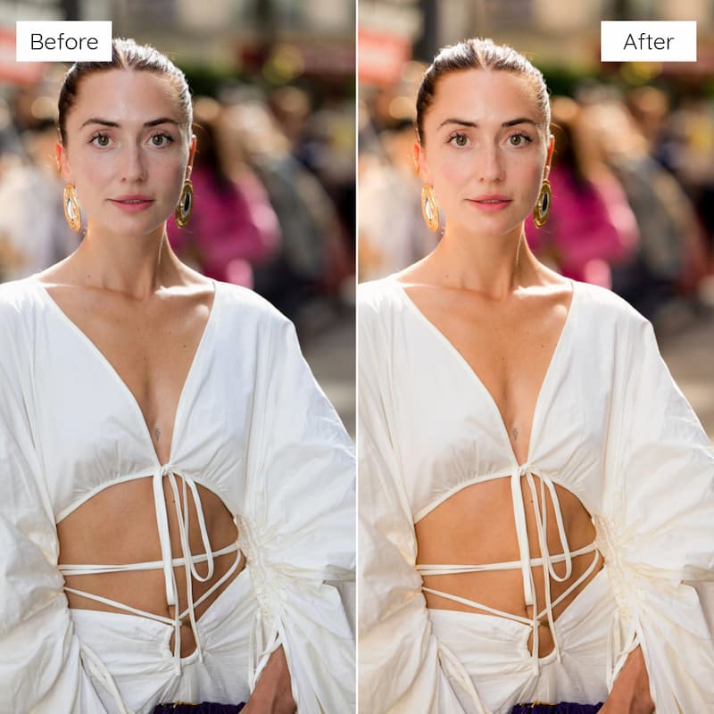 Before and after comparison of a woman wearing a white dress edited with Disposable Video LUTs.