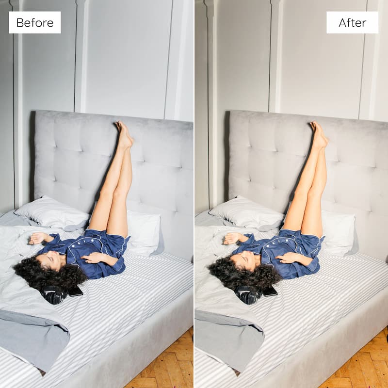 Before and after comparison of a person lying on a bed edited with Disposable Video LUTs.