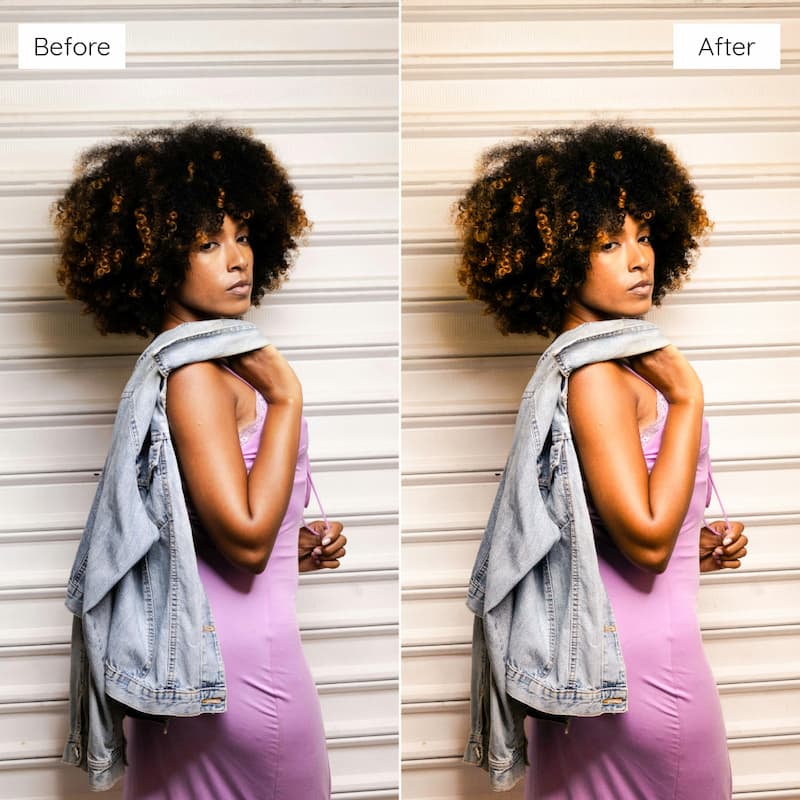 Before and after comparison of a woman with an afro wearing a denim jacket over a pink dress edited with Disposable Video LUTs.