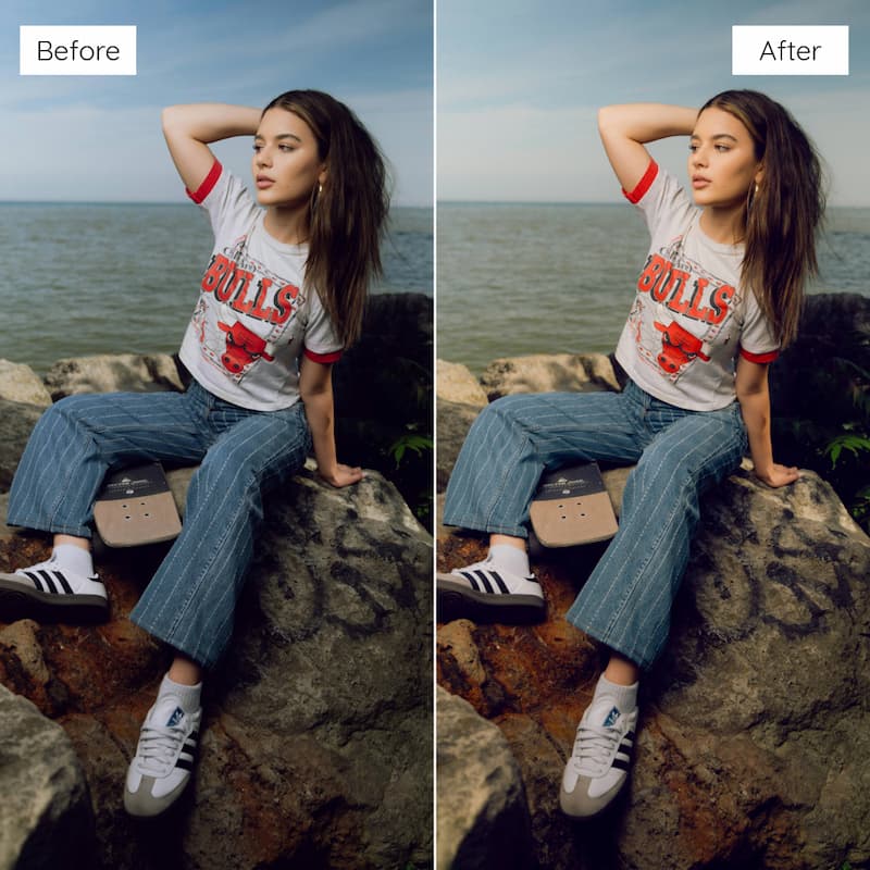 Before and after comparison of a person sitting on rocks by the water edited with Disposable Video LUTs.