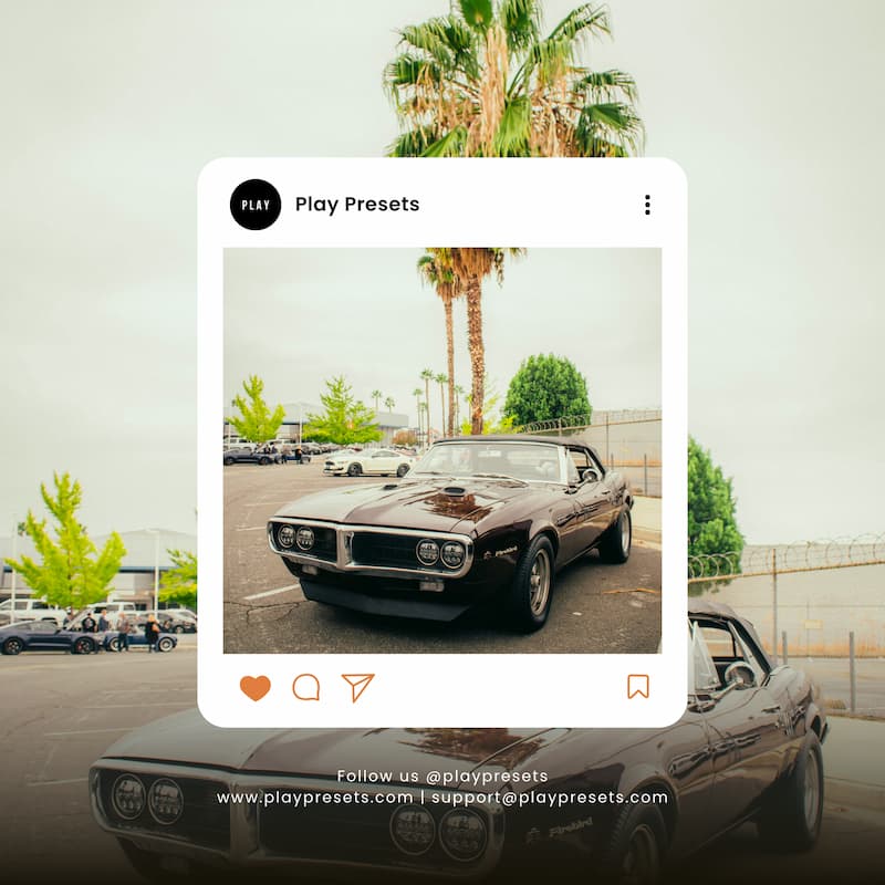 Vintage car in a parking lot with palm trees edited with Disposable Video LUTs.