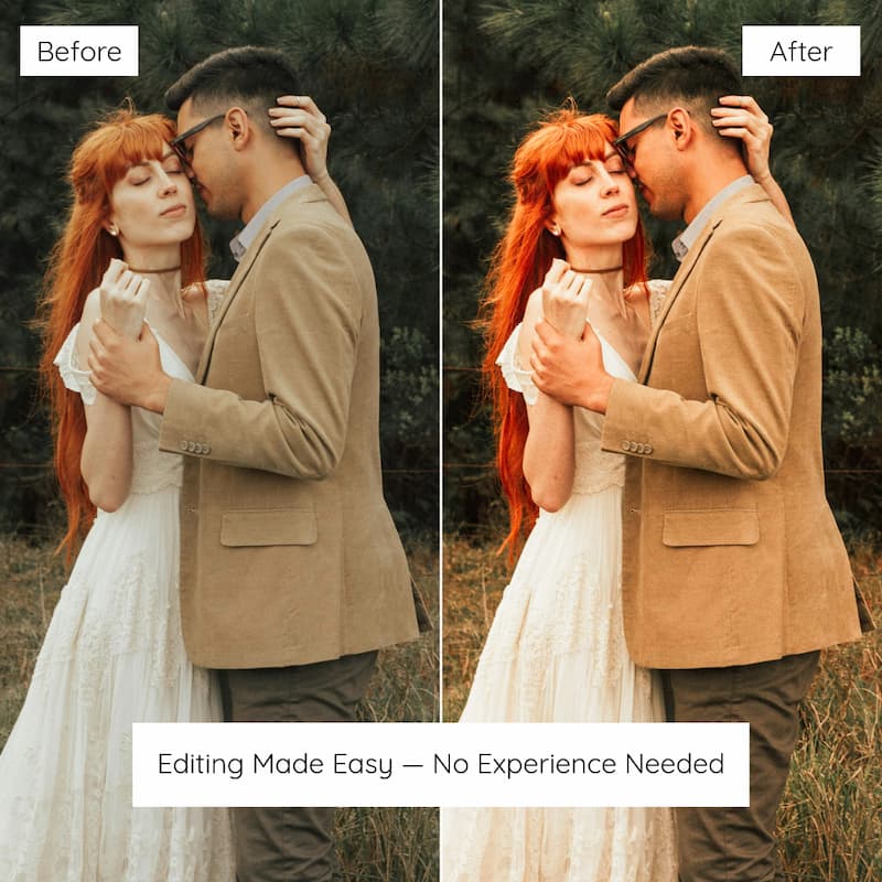 Before and after comparison of a couple in a field Edited with earth tones lightroom preset
