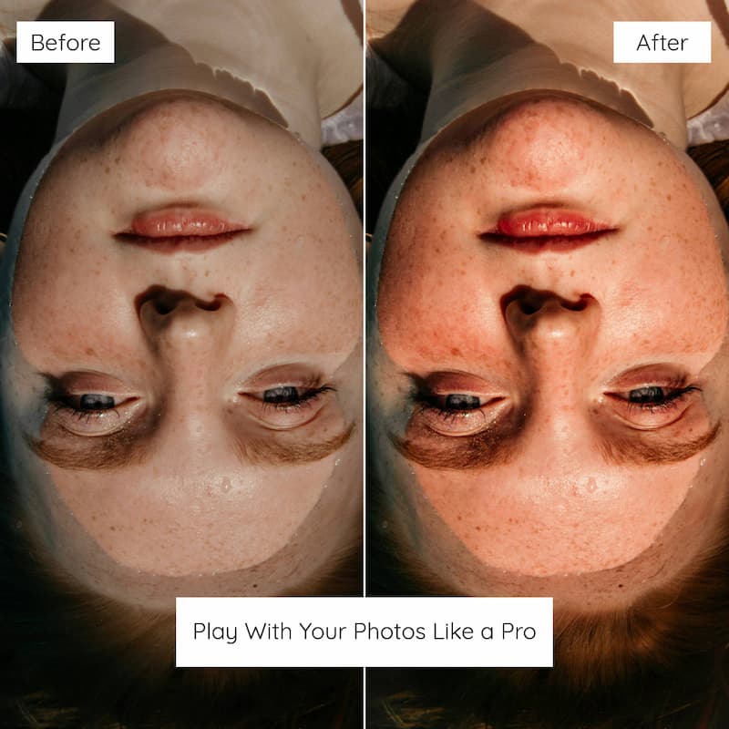 Before and after comparison of a person's face Edited with earth tones lightroom preset