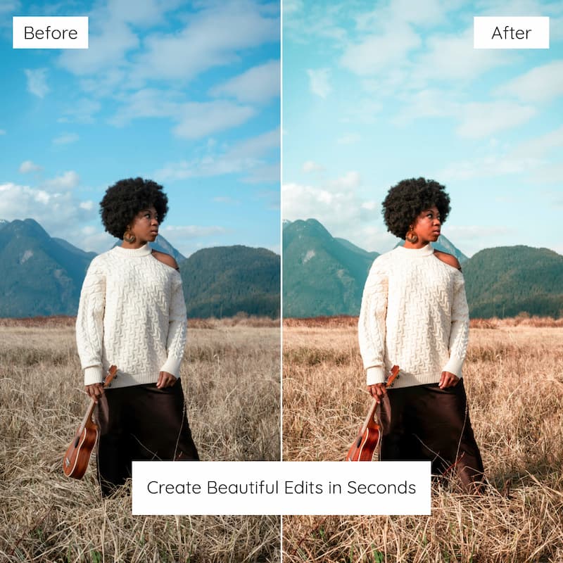 Before and after comparison of a woman in a field with mountains, showing photo editing enhancement, Edited with earth tones lightroom preset