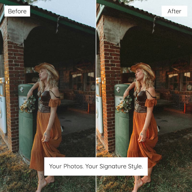 Before and after comparison of a woman in an orange dress and cowboy hat in front of a brick building Edited with earth tones lightroom preset