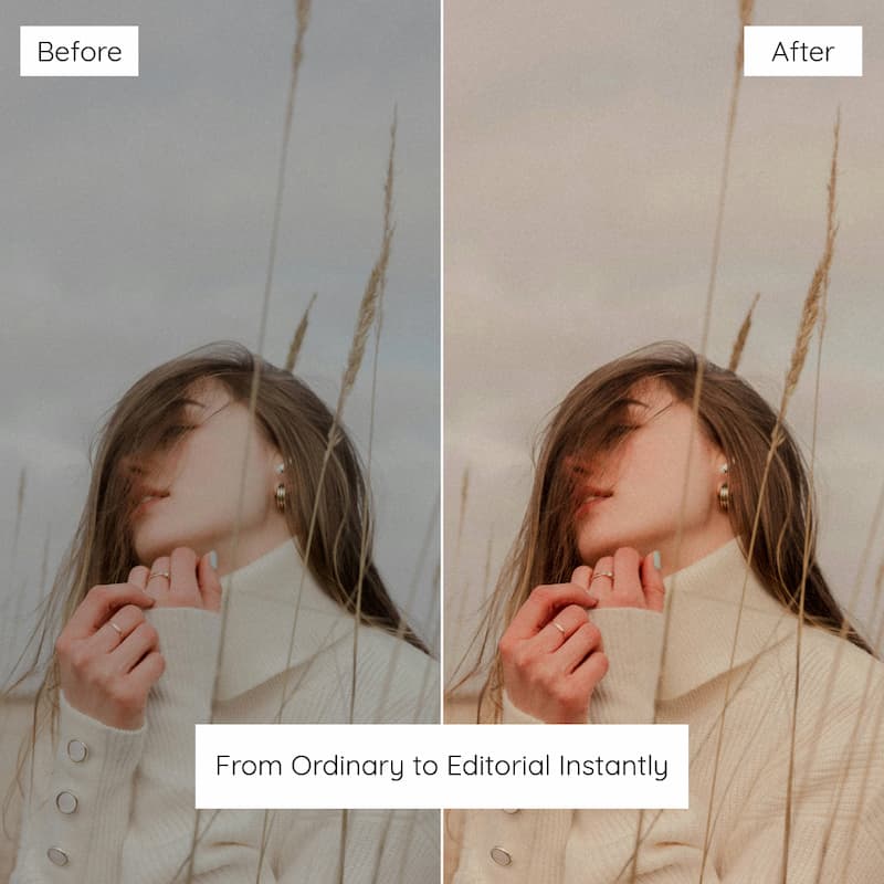 Before and after comparison of a person in a field Edited with earth tones lightroom preset