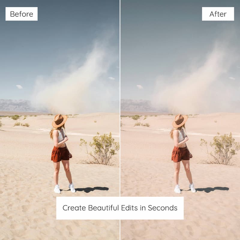 Before and after comparison of a person in a desert landscape edited with Expired Film Preset Collection.