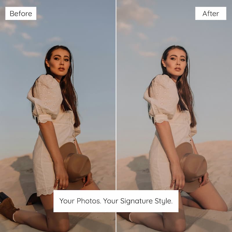 Before and after comparison of a woman in a desert setting edited with Expired Film Preset Collection.