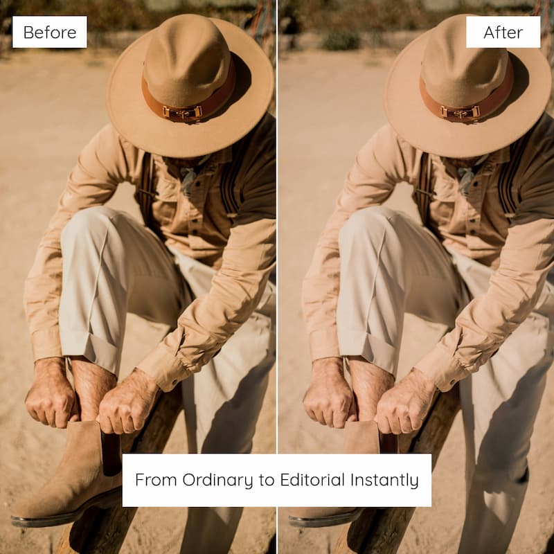Before and after comparison of a person sitting outdoors wearing a hat and boots edited with Expired Film Preset Collection.
