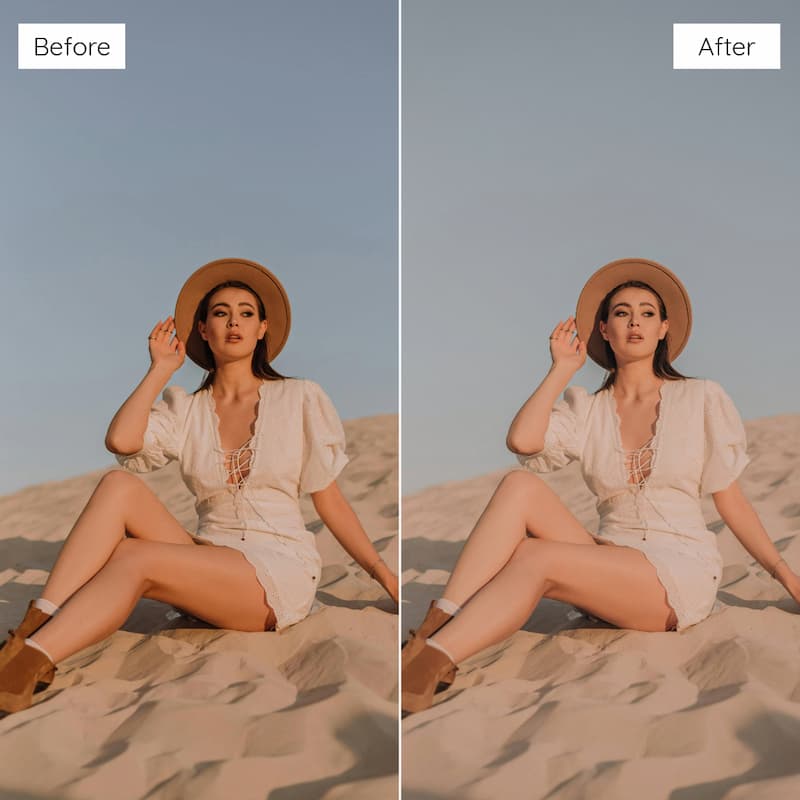 Before and after comparison of a woman sitting on sand wearing a hat edited with Expired Film Look Video LUTs.