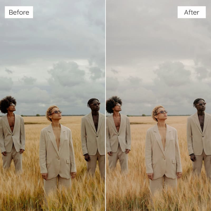 Before and after comparison of two people in suits standing in a field edited with Expired Film Look Video LUTs.