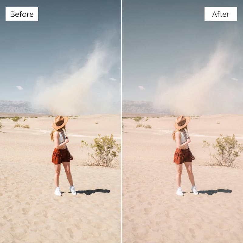 Before and after comparison of a person in a desert landscape with a sandstorm edited with Expired Film Look Video LUTs.