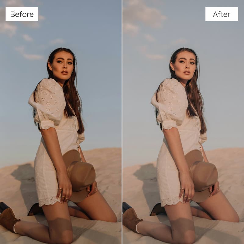 Before and after comparison of a woman in a beige outfit against a desert background edited with Expired Film Look Video LUTs.