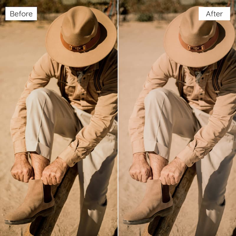 Before and after comparison of a person sitting on a log in a desert setting edited with Expired Film Look Video LUTs.