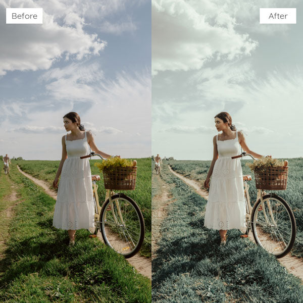 Before and after using Lightroom Presets to achieve a bright and airy effect in photography.