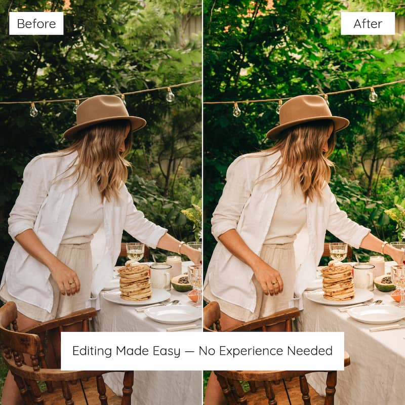 Before and after comparison of a woman at a table outdoors Edited with Fern Lightroom Preset