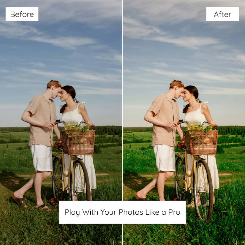 Before and after comparison of a couple with bicycles in a field Edited with Fern Lightroom Presets