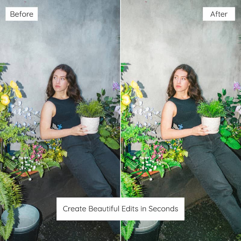 Before and after comparison of a woman holding a plant with added decorative elements Enhanced with Fern Lightroom Preset
